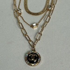 On 34th 3 Strand Gold Chain Rhinestone Chanel Pendant Necklace